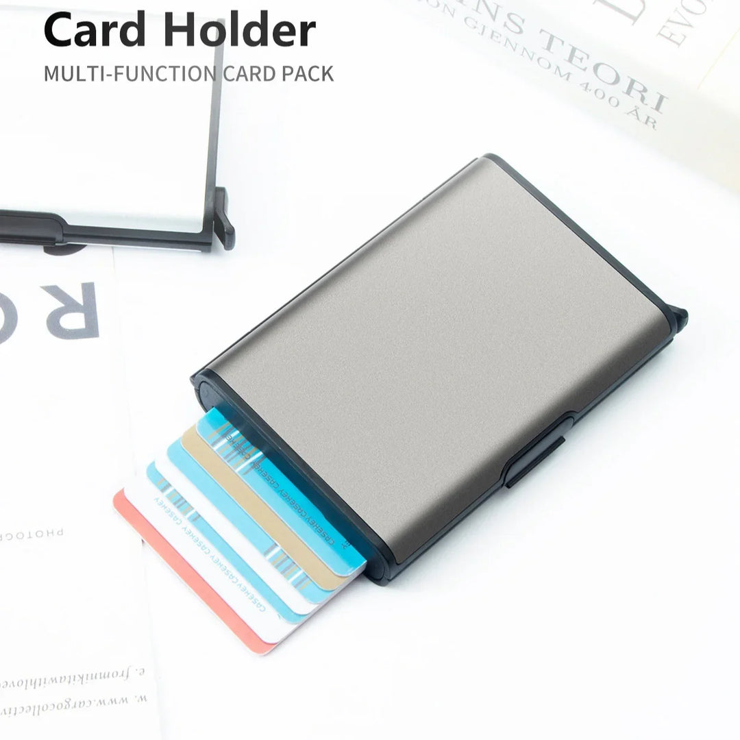 Modern metal card holder with multiple credit cards partially pulled out for easy access