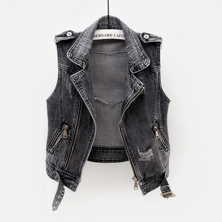 black distressed denim sleeveless vest with zipper and buckle details on hanger