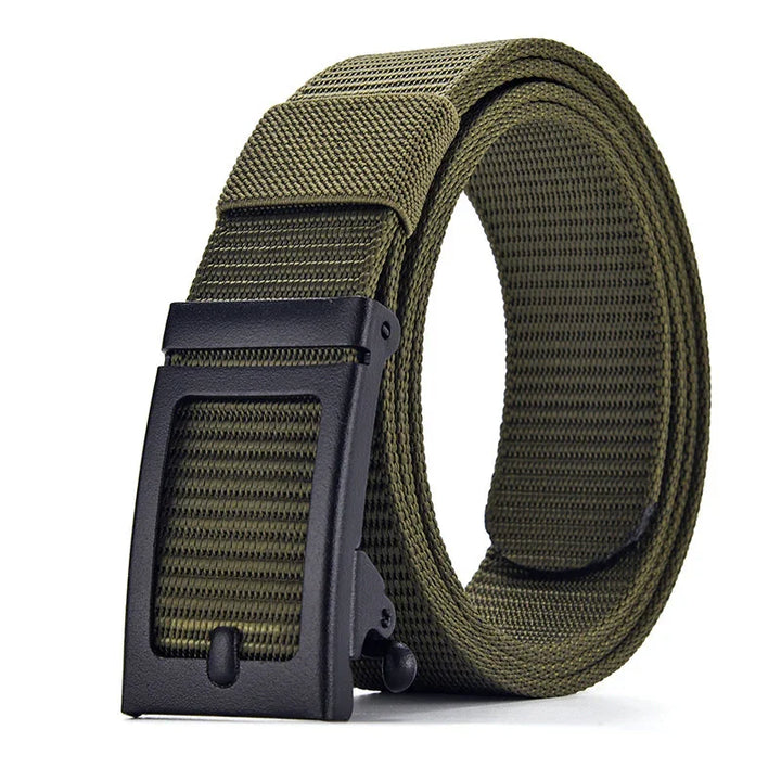 Olive green woven fabric belt with black metal buckle, rolled up on white background