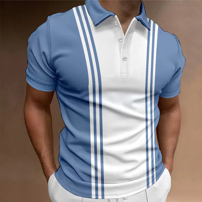 Men's short sleeve polo shirt with blue and white vertical stripes and button collar