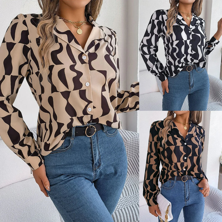 Woman wearing stylish abstract print button-up shirts in beige, black and white, and brown, paired with blue jeans and gold jewelry