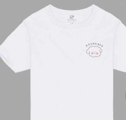 White t-shirt with small cartoon dog and text 'A BONEBEE' on chest pocket area