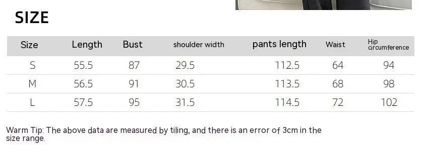 Clothing size chart showing measurements for length, bust, shoulder width, pants length, waist, and hip circumference for sizes S, M, L