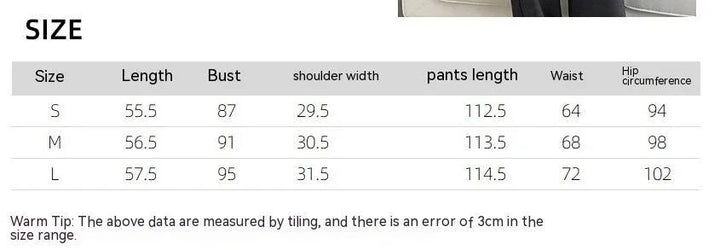 Clothing size chart showing measurements for length, bust, shoulder width, pants length, waist, and hip circumference for sizes S, M, L