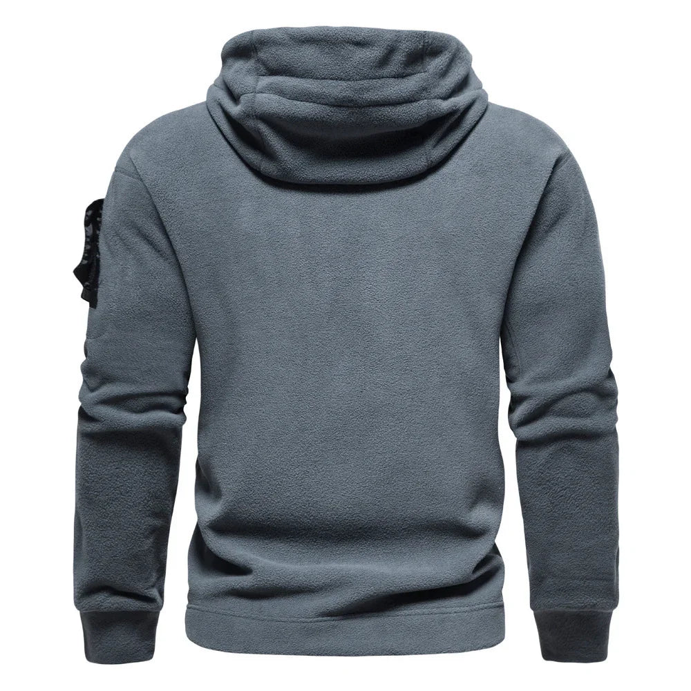 Gray fleece hoodie with hood and sleeve pocket, back view