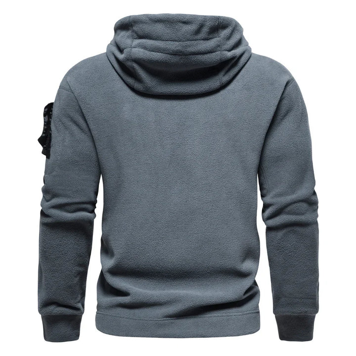 Gray fleece hoodie with hood and sleeve pocket, back view