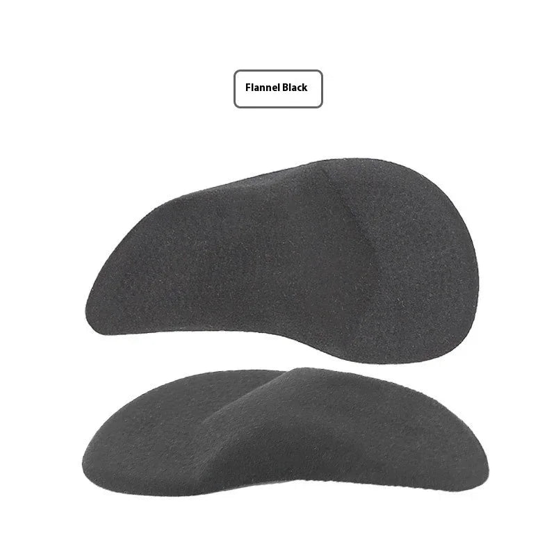 Black flannel shoe arch support inserts with curved ergonomic design on white background
