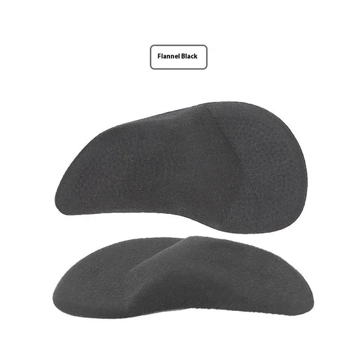 Black flannel shoe arch support inserts with curved ergonomic design on white background