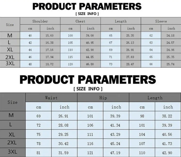 Clothing size chart showing shoulder, chest, length, sleeve, waist, hip measurements in cm and inches for sizes M to 3XL