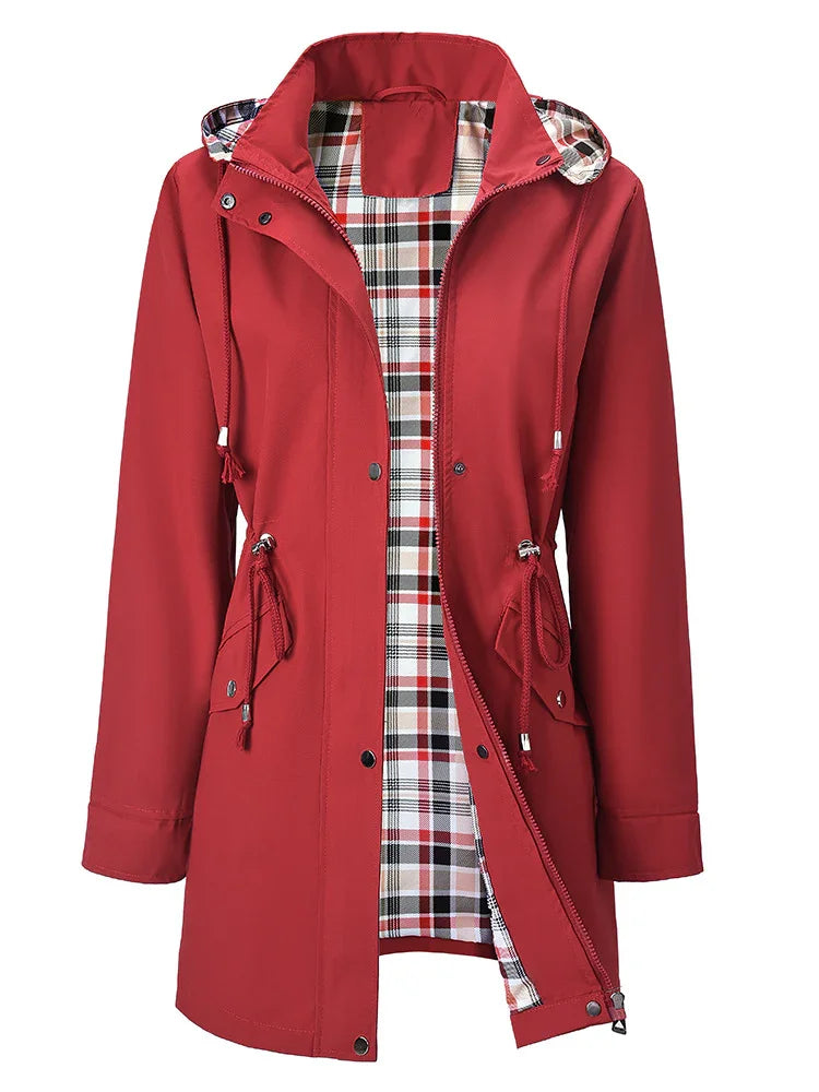 Red long rain jacket with hood and plaid lining, featuring drawstring waist and snap button closure