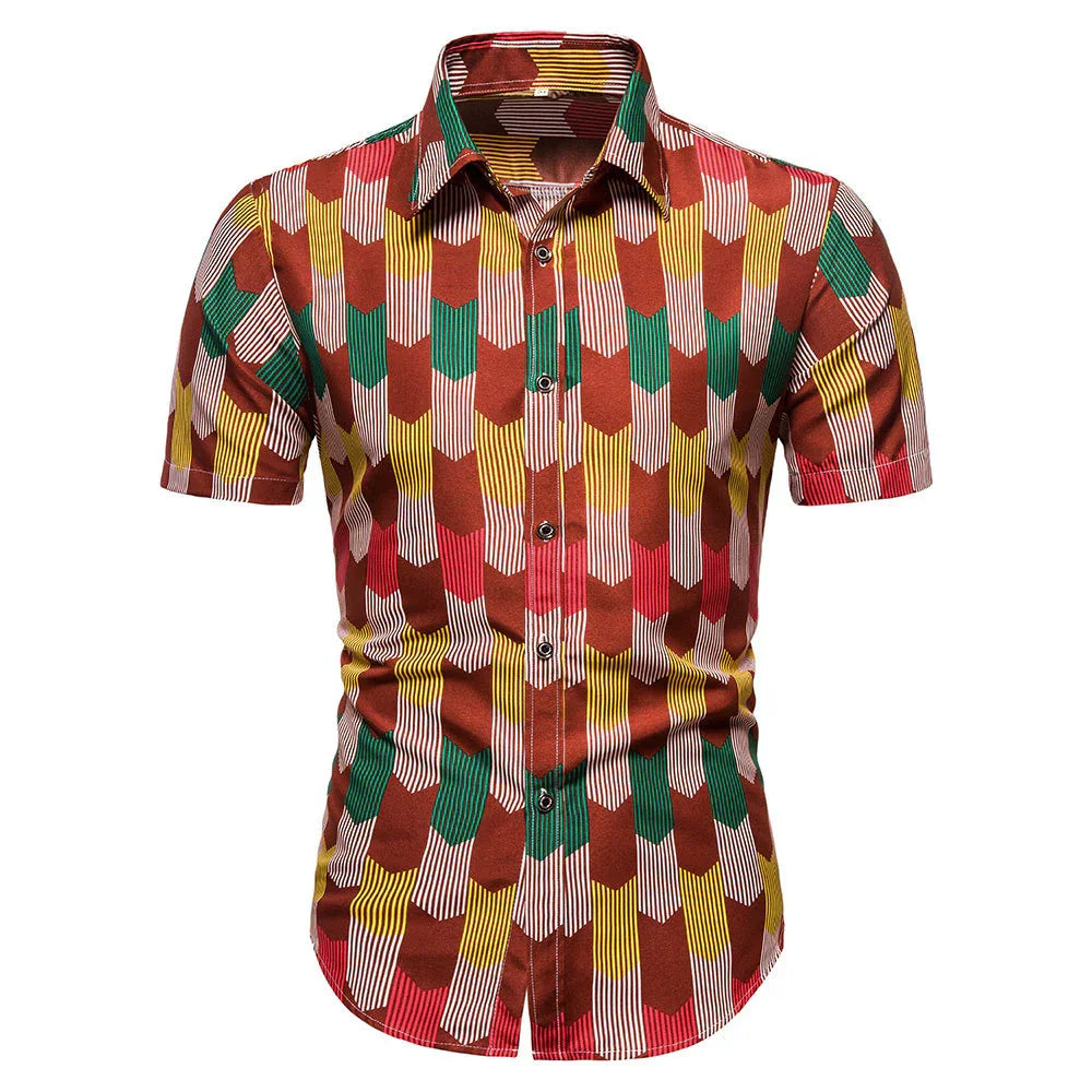 Men's short-sleeve button-up shirt with colorful geometric arrow pattern in red, yellow, green, and brown