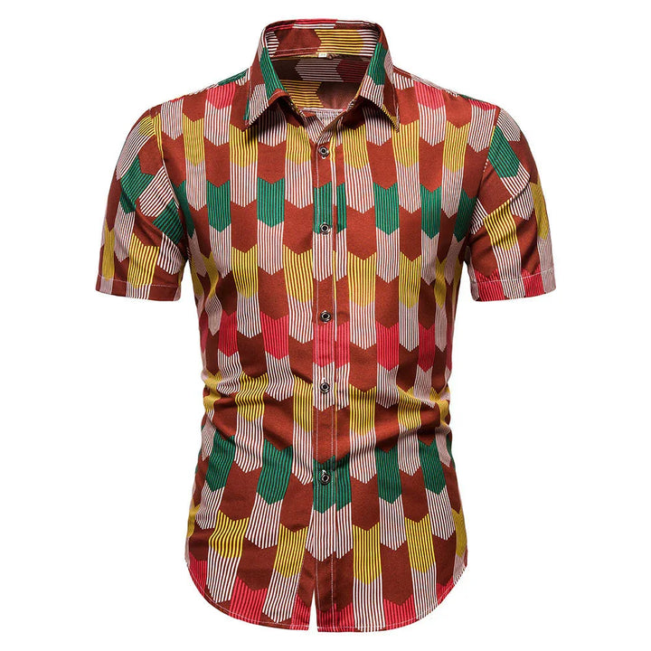 Men's short-sleeve button-up shirt with colorful geometric arrow pattern in red, yellow, green, and brown