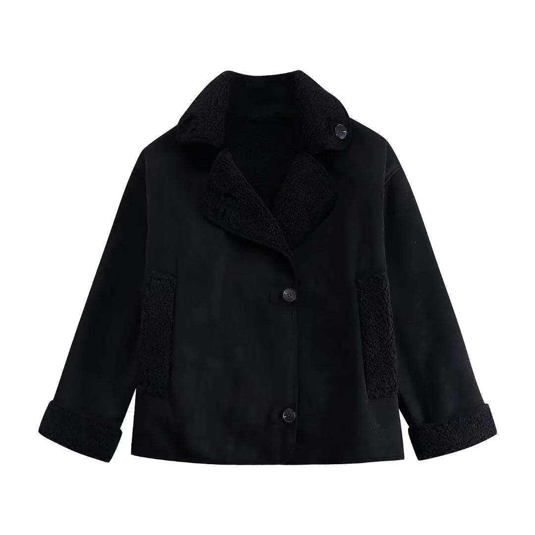 Black sherpa-lined jacket with button closure, folded cuffs, and cozy collar detail