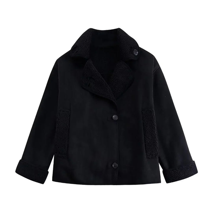 Black sherpa-lined jacket with button closure, folded cuffs, and cozy collar detail