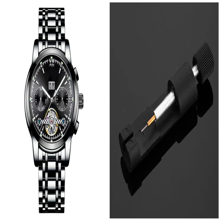 Luxury stainless steel black dial wristwatch with chronograph and mechanical parts on black background
