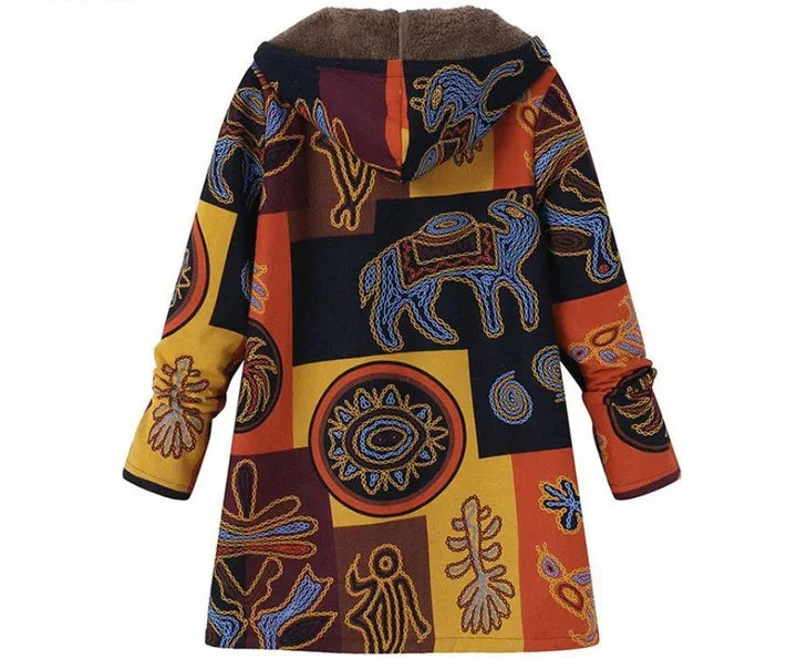 Bohemian hooded coat with multicolor patchwork and tribal animal and plant patterns