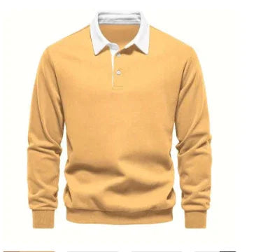 Men's mustard yellow long sleeve polo sweater with white collar and button placket