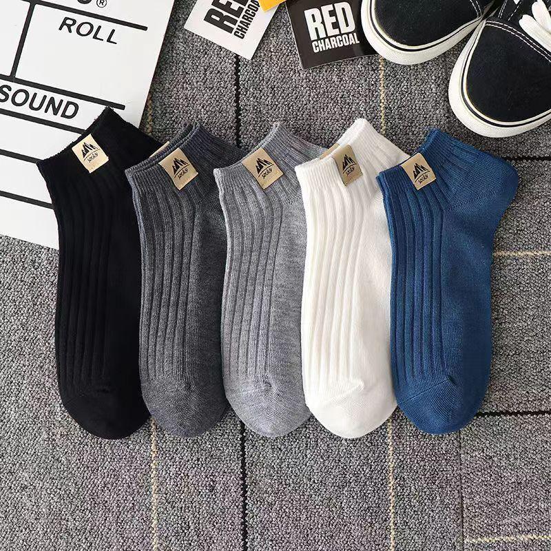 Set of five ribbed ankle socks in black, dark gray, light gray, white, and blue on gray carpet