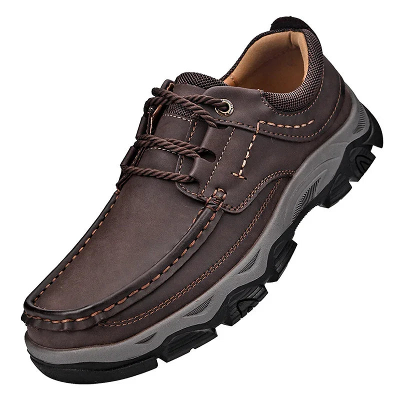 Brown leather casual men's shoe with thick rubber sole and stitched detailing
