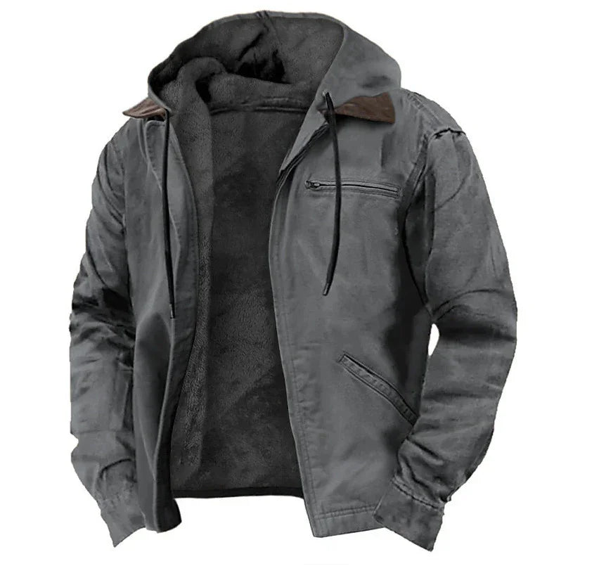 Men's gray distressed jacket with zippered chest pocket and warm fleece lining
