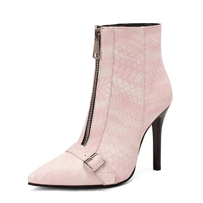 Pink snakeskin textured high heel ankle boot with front zipper and silver buckle