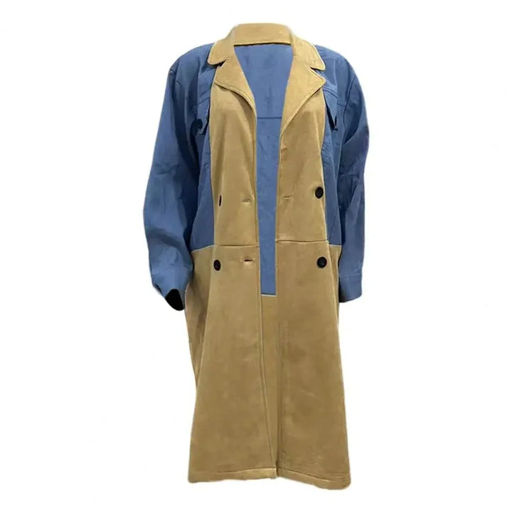 Two-tone blue and tan trench coat with lapel collar and button details