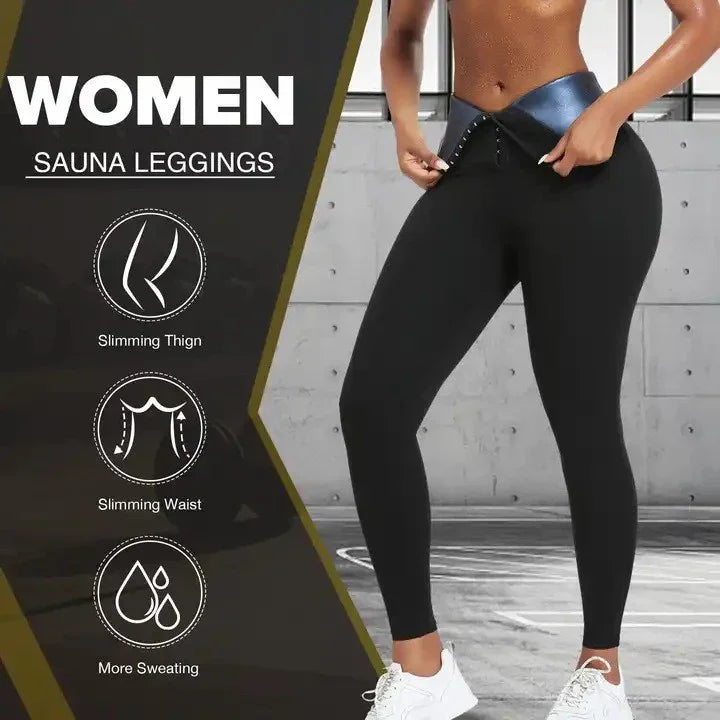 Woman wearing black women's sauna leggings with slim fit waist and thigh, promoting slimming and increased sweating