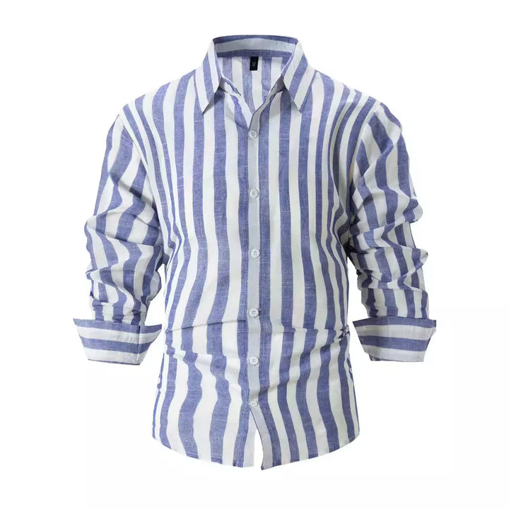 Blue and white vertical striped long sleeve button-up casual shirt with collar