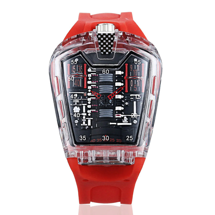 Futuristic red silicone strap wristwatch with transparent case and mechanical dial details