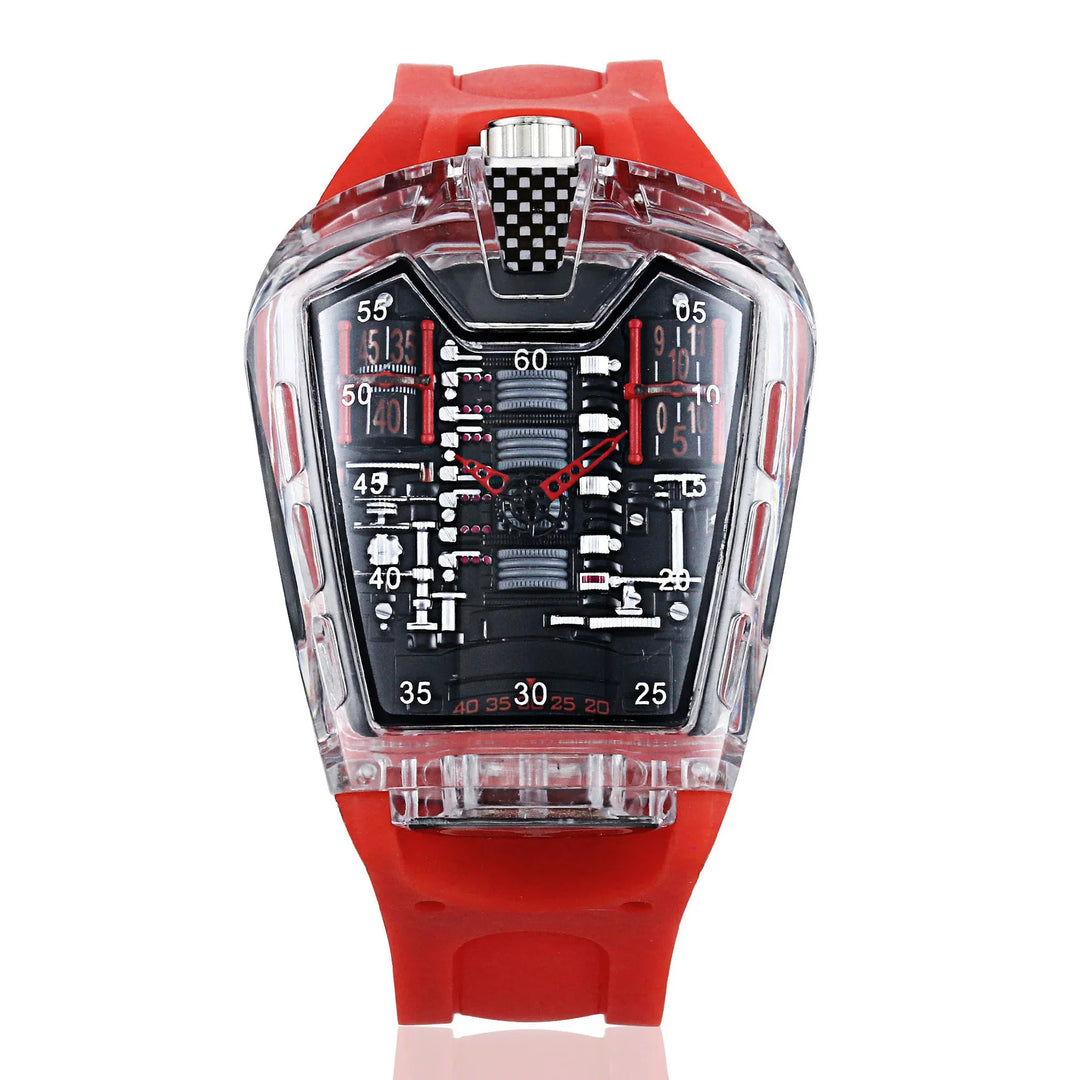 futuristic transparent watch with red silicone strap and intricate mechanical dial details