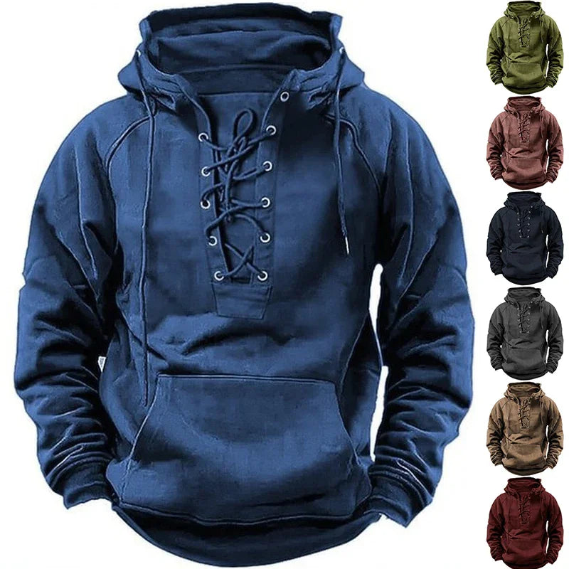 Men's lace-up pullover hoodies in blue, green, brown, black, grey, and maroon colors with front pockets