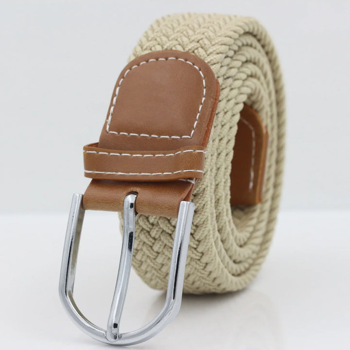Beige woven fabric belt with brown leather buckle and silver metal prong