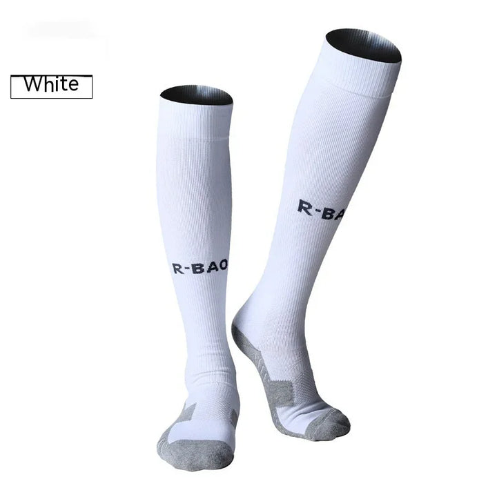 White knee-high athletic socks with gray toes and R-BAO logo on a plain background