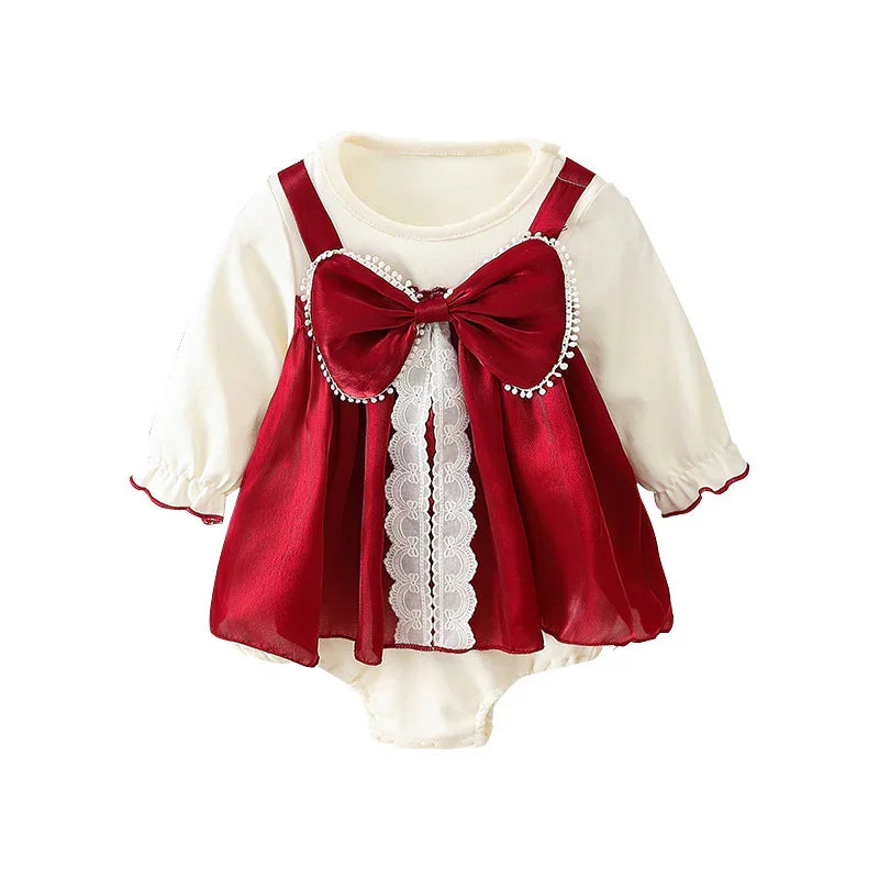Infant cream long-sleeve bodysuit with a red satin overlay dress featuring lace and large bow