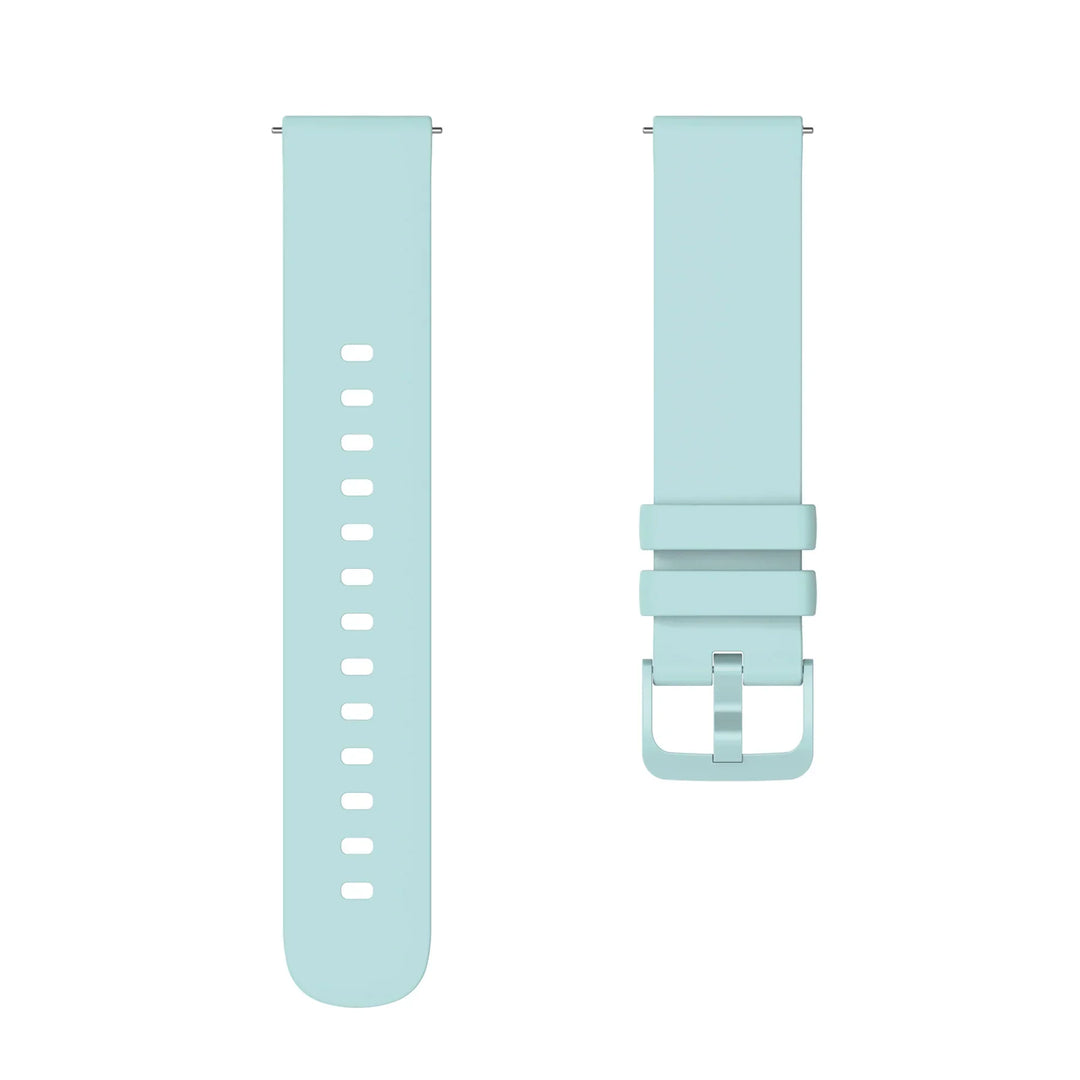 Light blue silicone watch strap with multiple adjustment holes and metal buckle