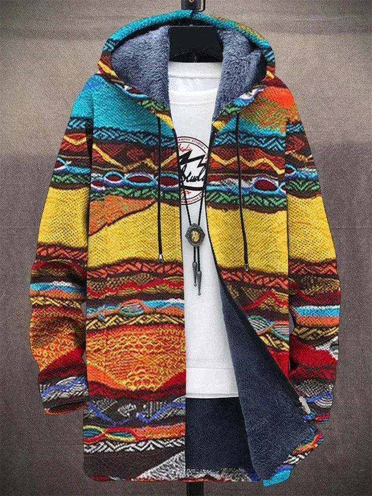 Colorful knitted winter jacket with hood and fluffy inner lining, displayed on hanger with white t-shirt