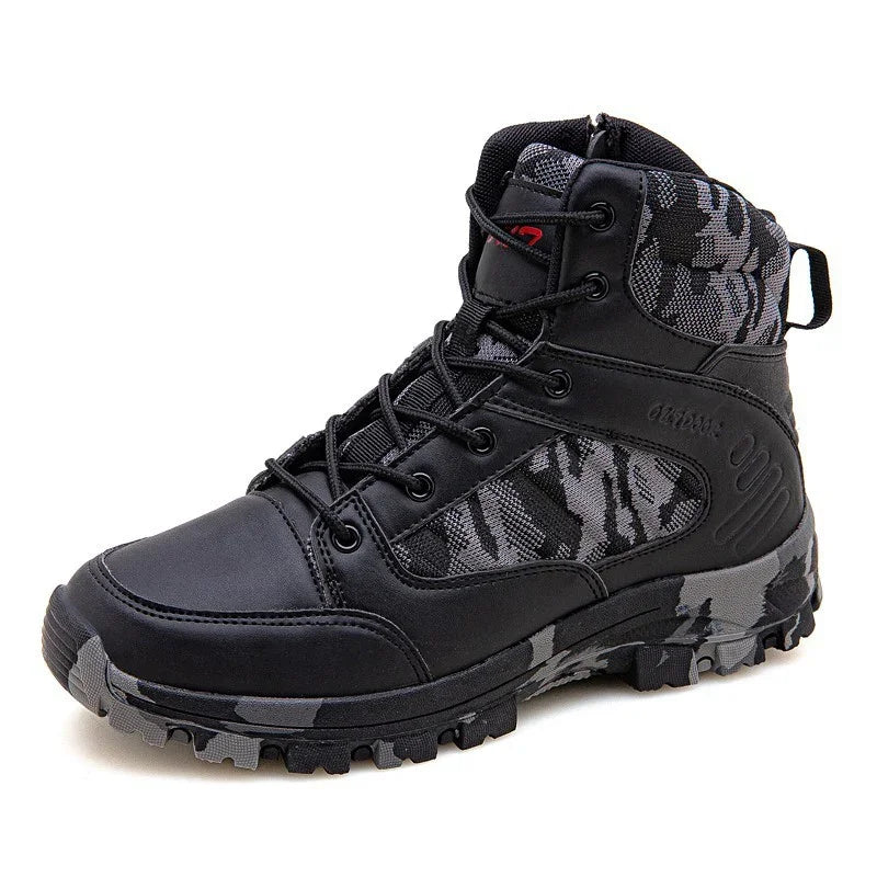 Black and grey camo tactical boot with rugged sole and lace-up design on white background