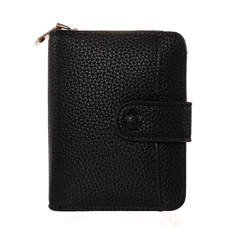 Black textured leather wallet with snap closure and zippered compartment