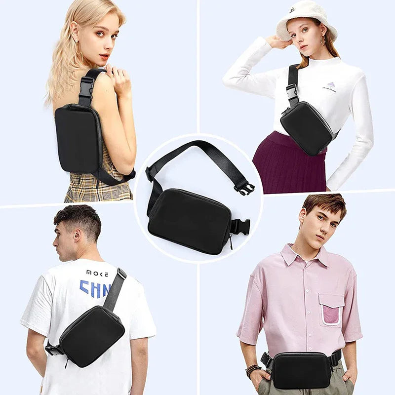 Black unisex crossbody bag worn by models in casual outfits, shown front and back views