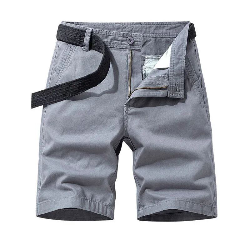 Men's gray casual shorts with zipper fly and black fabric belt on white background