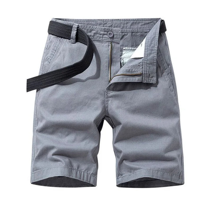 Men's gray casual shorts with zipper fly and black fabric belt on white background