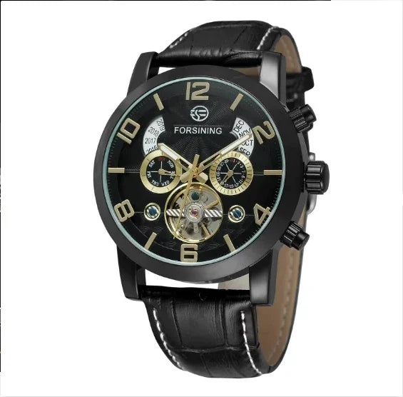 Forsining men's black mechanical wristwatch with leather strap and multiple dials