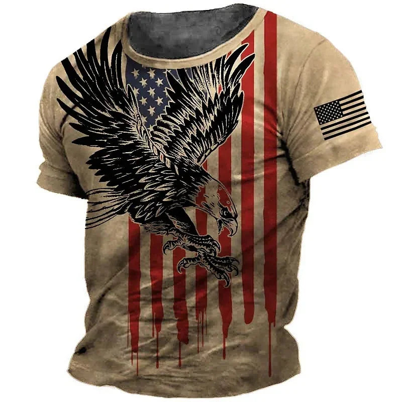 Tan T-shirt featuring dripping American flag design with a large black eagle graphic and a smaller flag on the sleeve
