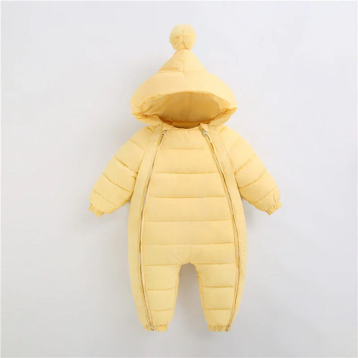 Yellow padded baby winter jumpsuit with hood and front zippers, warm infant outerwear