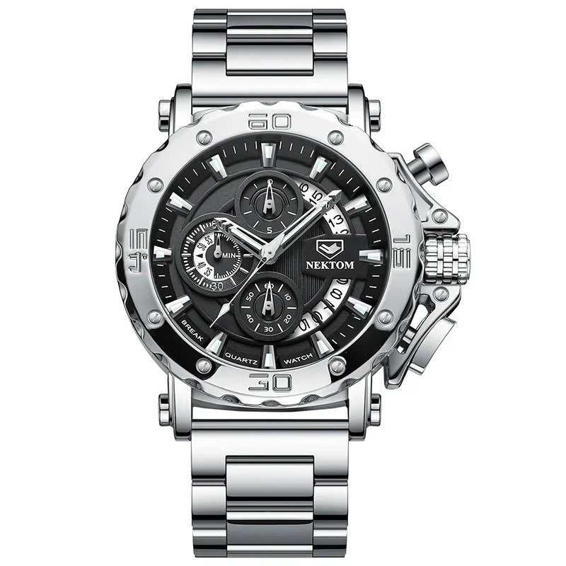 Nektom men's silver stainless steel chronograph wristwatch with black dial and multiple subdials