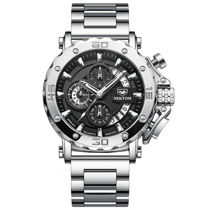 Nektom men's silver stainless steel chronograph wristwatch with black dial and multiple subdials