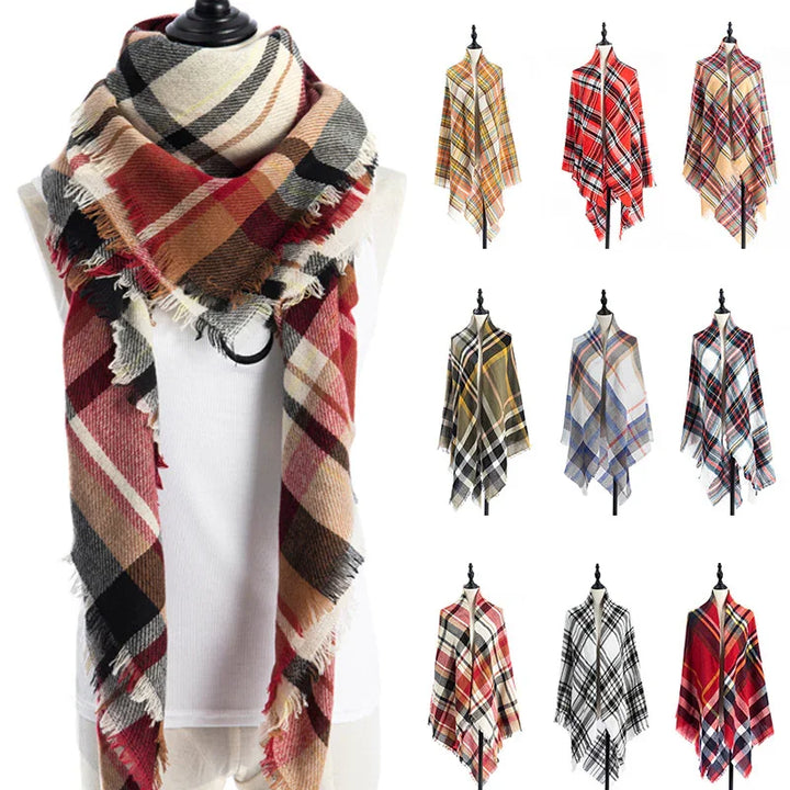 Plaid fringed scarves in various colors displayed on mannequins, featuring warm autumn tones and classic patterns