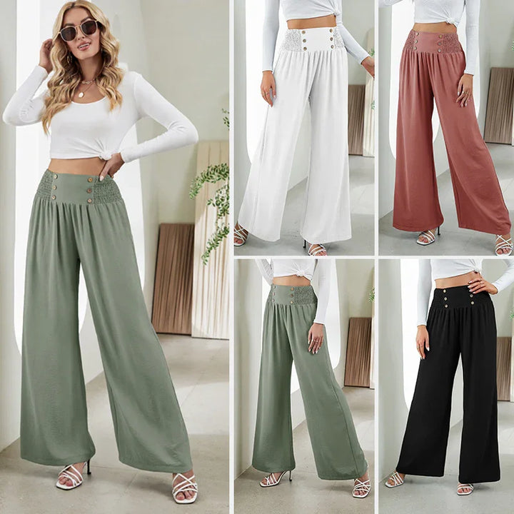 Women wearing high-waist wide-leg pants in white, green, brown, and black with button details and long sleeve crop tops