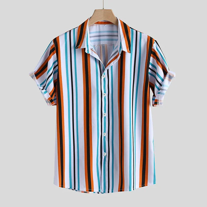 Short sleeve button-up shirt with vertical stripes in orange, black, teal, and white on hanger