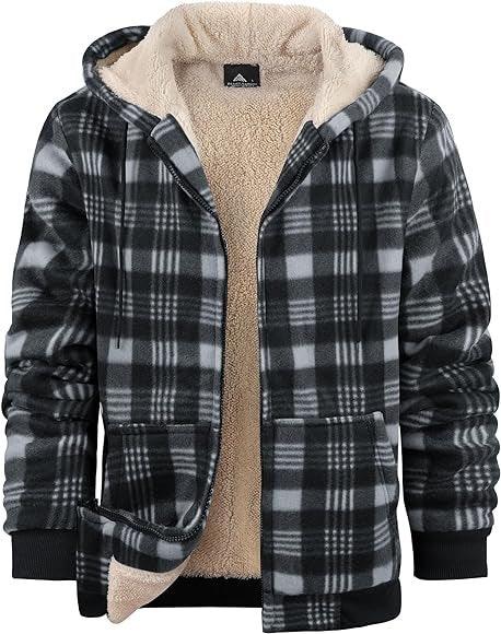 Black and gray plaid fleece jacket with beige sherpa lining, hood, and front pockets